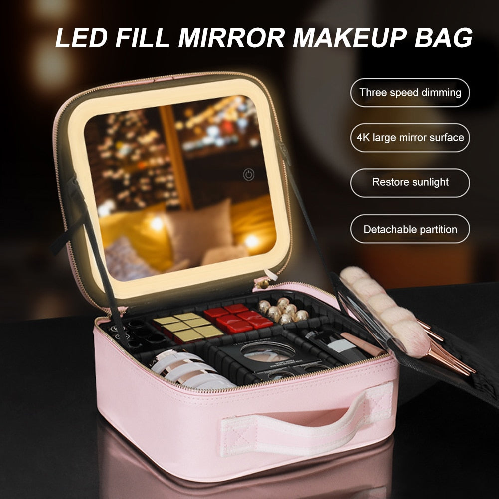 Makeup bag with discount mirror and lights